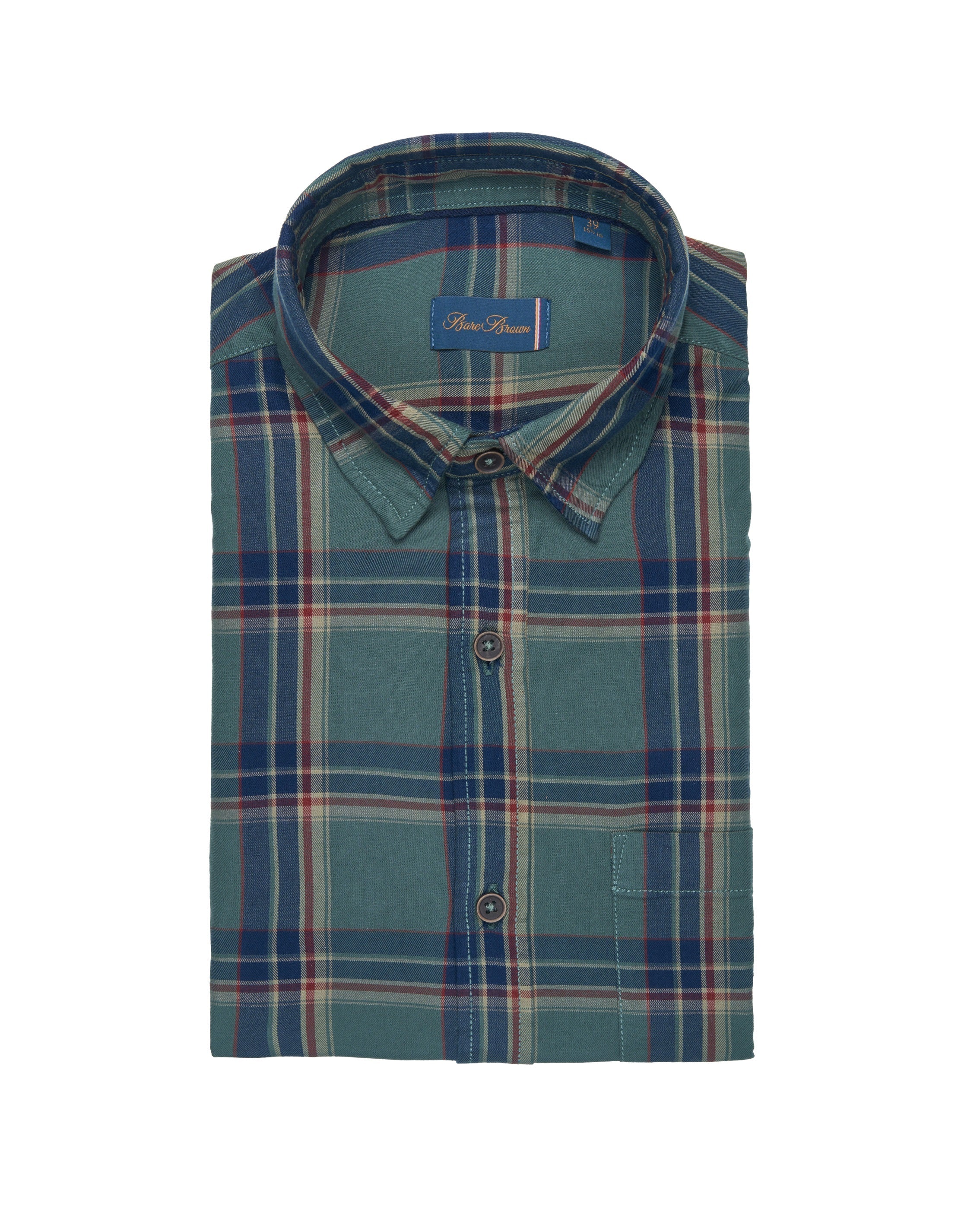 Bare Brown Cotton Check Shirt, Slim Fit with Full Sleeves - Olive Green