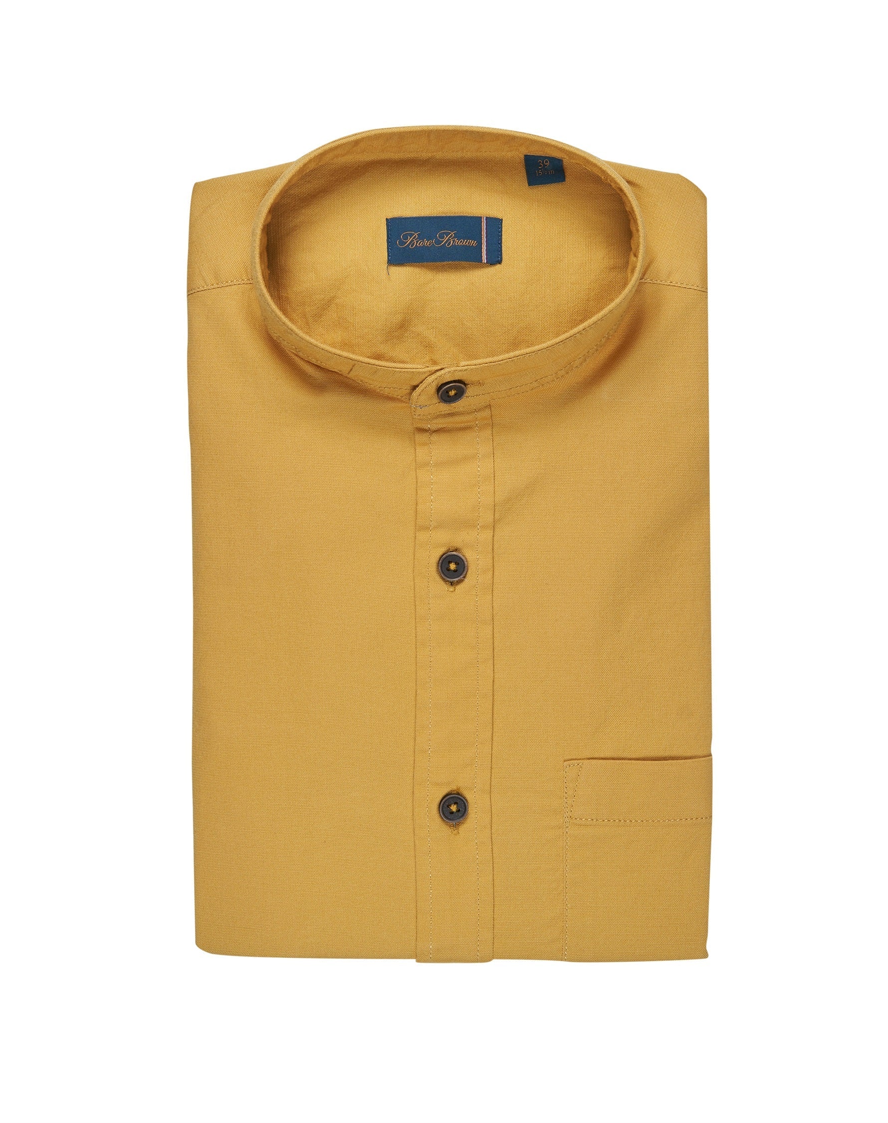 Bare Brown Mandarin Collar Stretch Cotton Shirt, Slim Fit with Full Sleeves - Mustard
