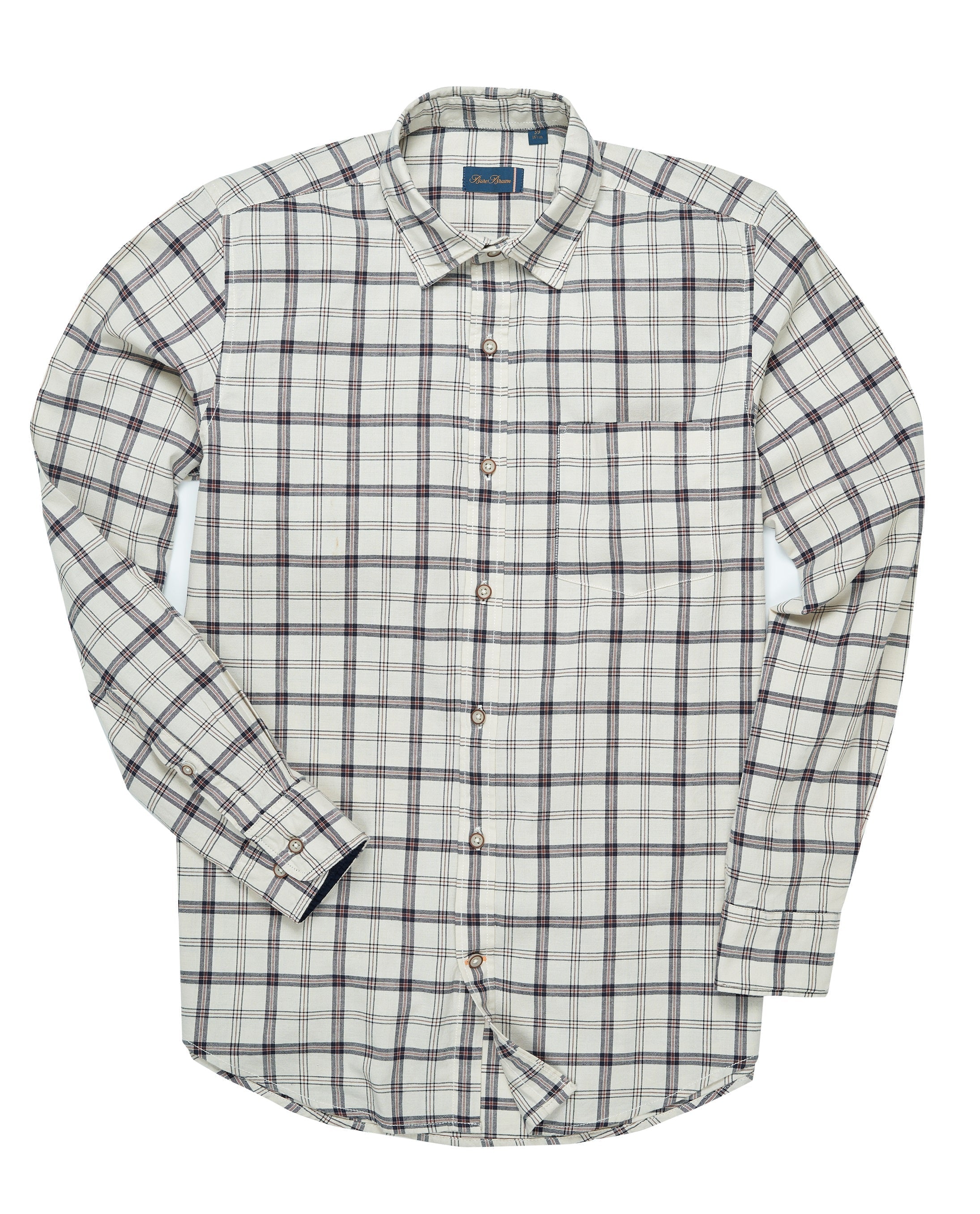 Bare Brown Cotton Check Shirt, Slim Fit with Full Sleeves - Off White