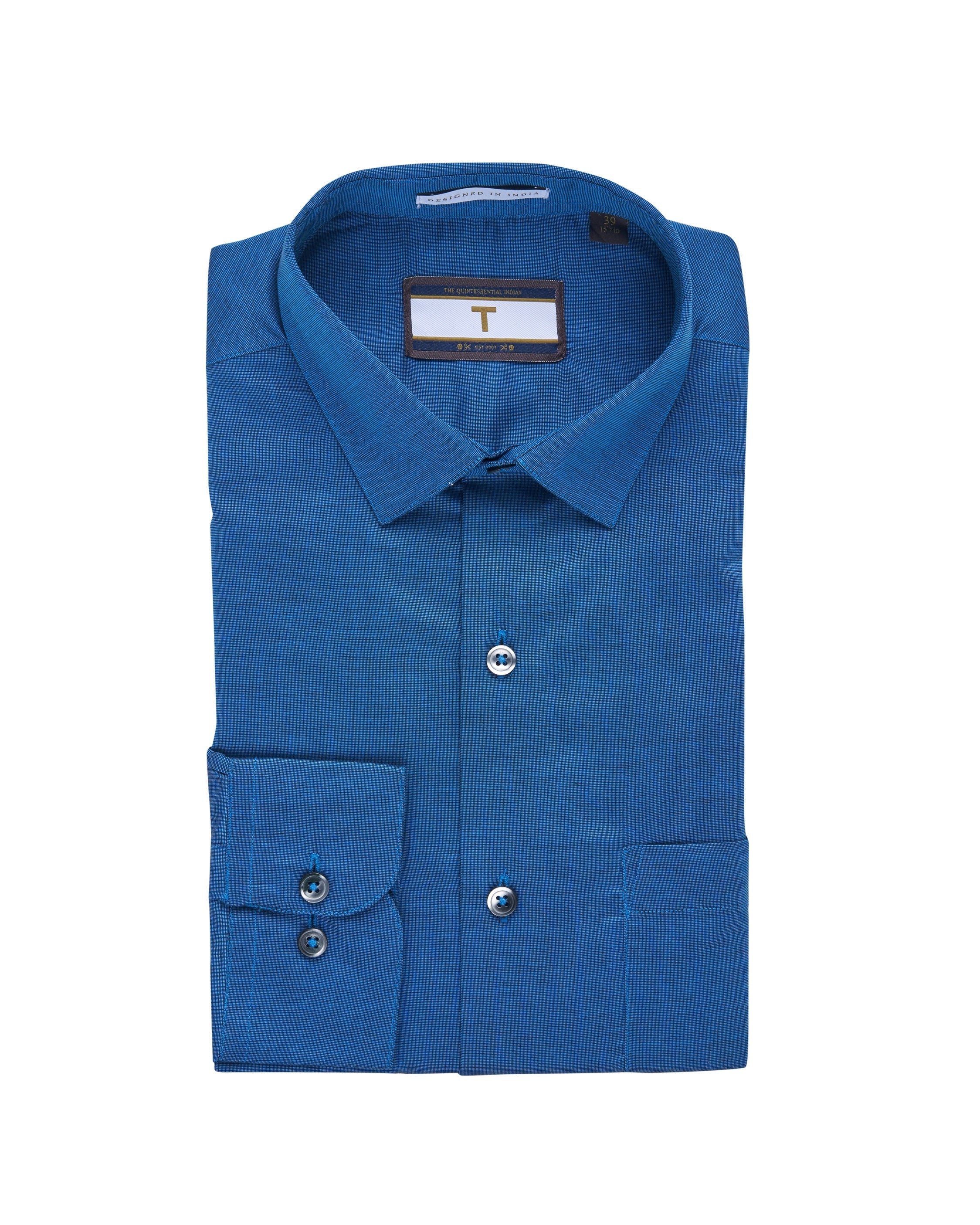 T the brand Pick & Pick Cotton Slim fit Shirt with Full-Sleeves - Teal Blue
