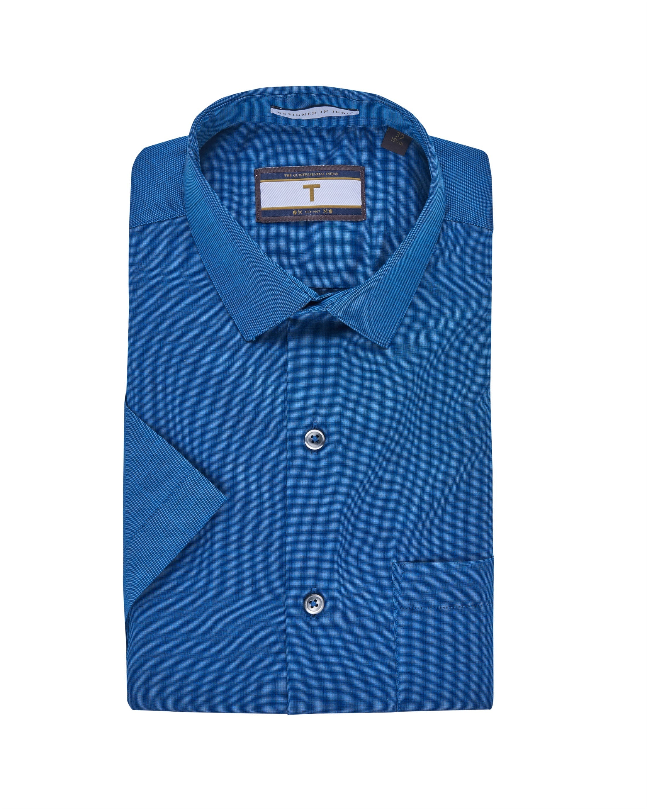 T the brand Pick & Pick Cotton Slim Fit Half Sleeved Shirt - Teal Blue