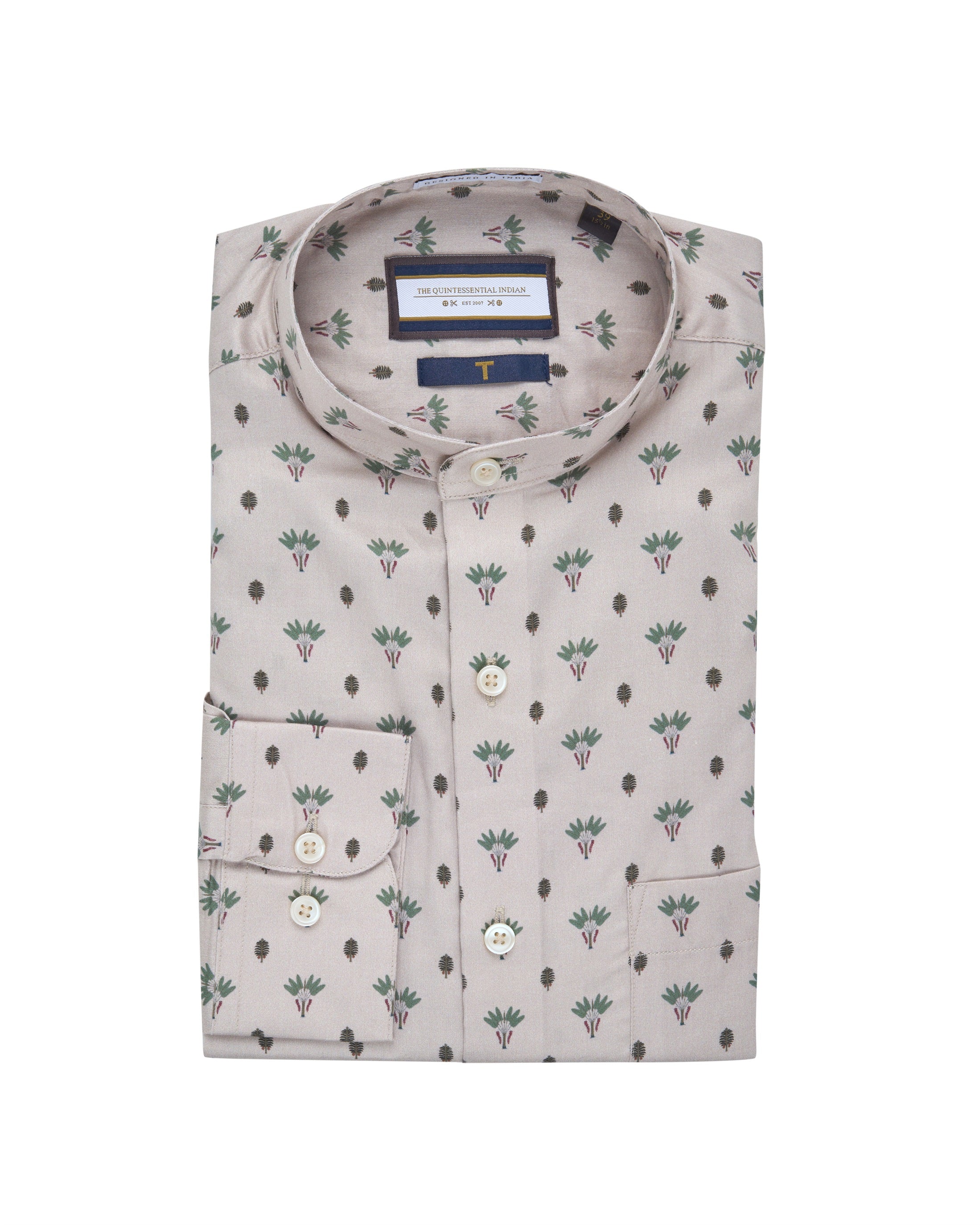 T the brand Mandarin Collar Printed Slim Fit Full Sleeved Cotton Shirt - Beige