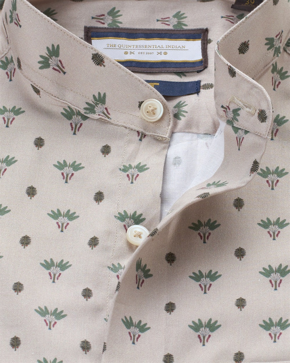 T the brand Mandarin Collar Printed Slim Fit Full Sleeved Cotton Shirt - Beige