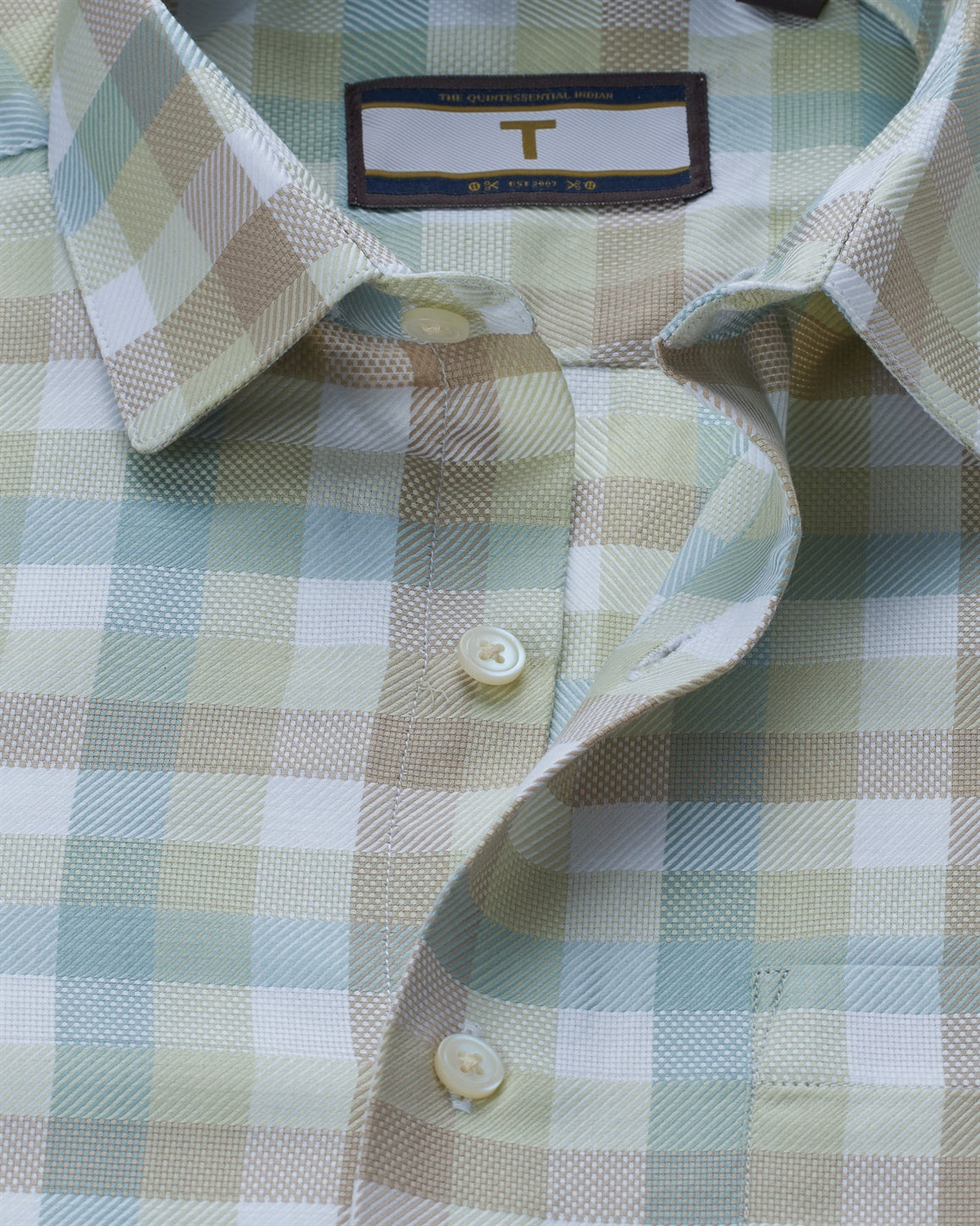 T the brand Checkered Dobby Slim Fit Full Sleeved Cotton Shirt - Green & Beige