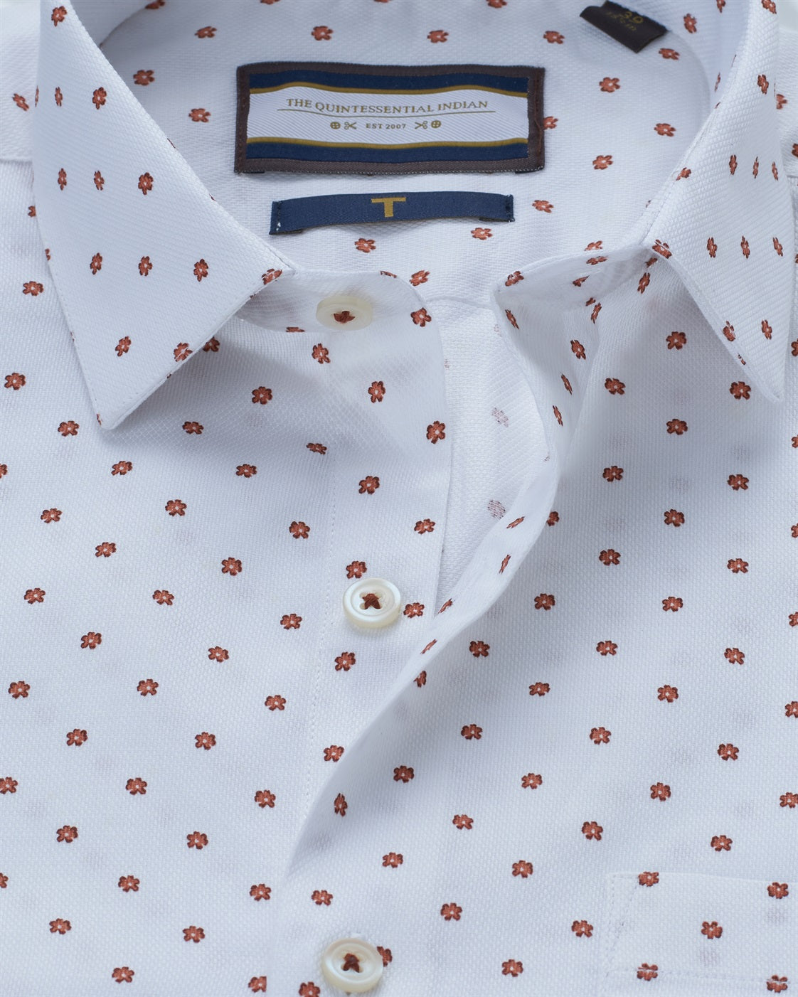 T the brand Orange Floral Ditsy Print Cotton Slim fit Shirt with Full-Sleeves - White