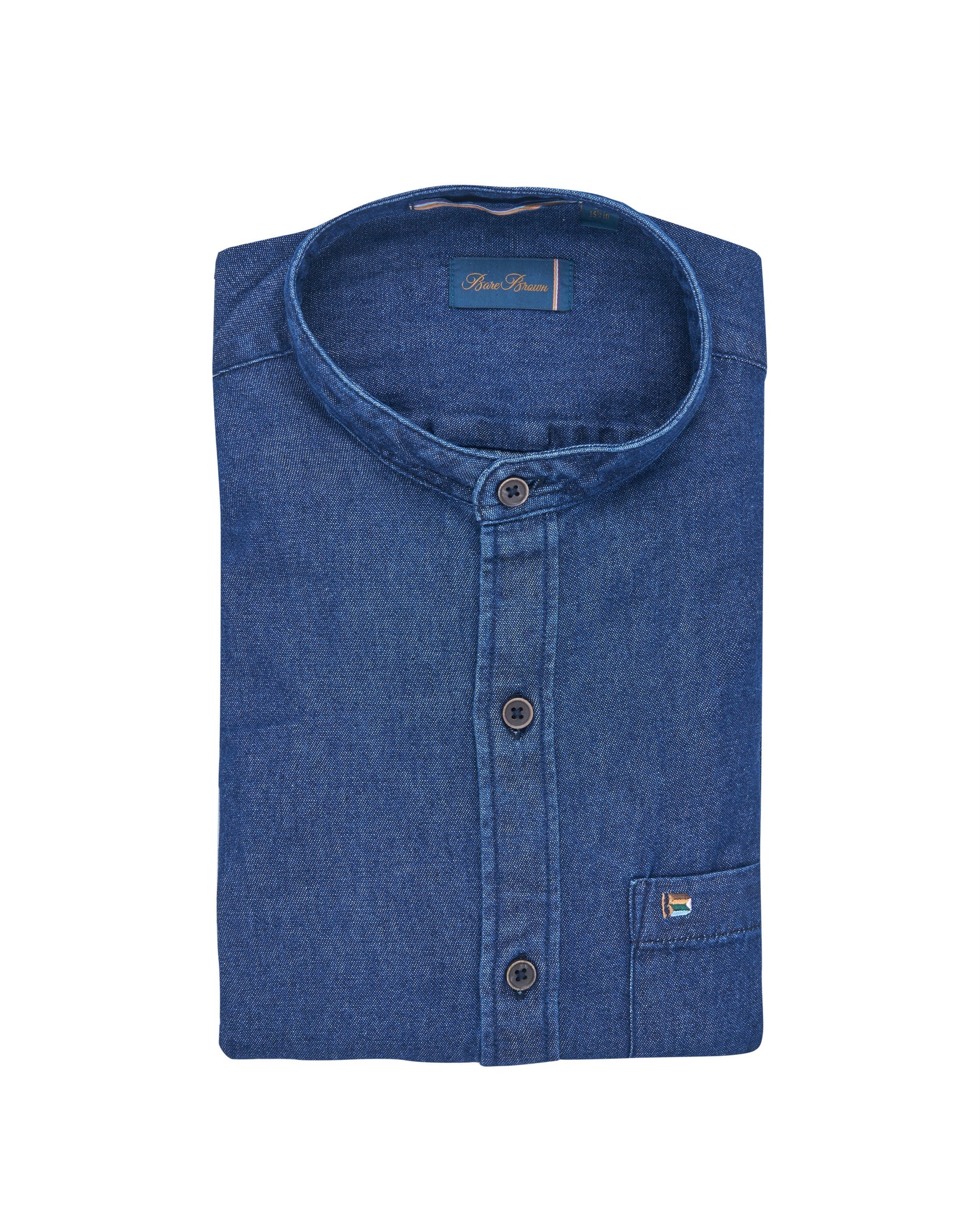 Bare Brown Mandarin Collar Denim Shirt, Slim Fit with Full Sleeves - Dark Denim Blue