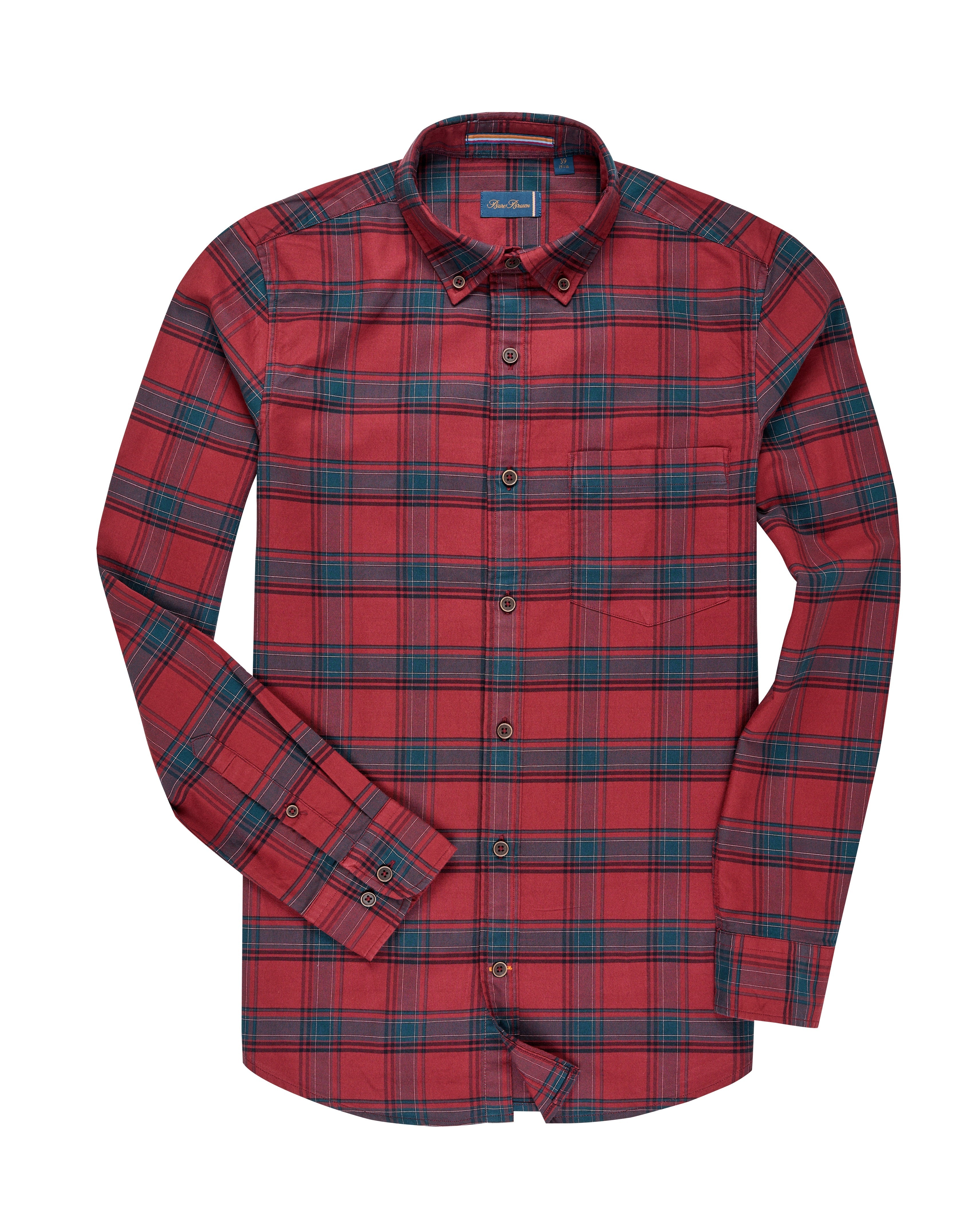 Bare Brown Checkered Cotton Spandex Shirt, Slim Fit with Full Sleeves - Red