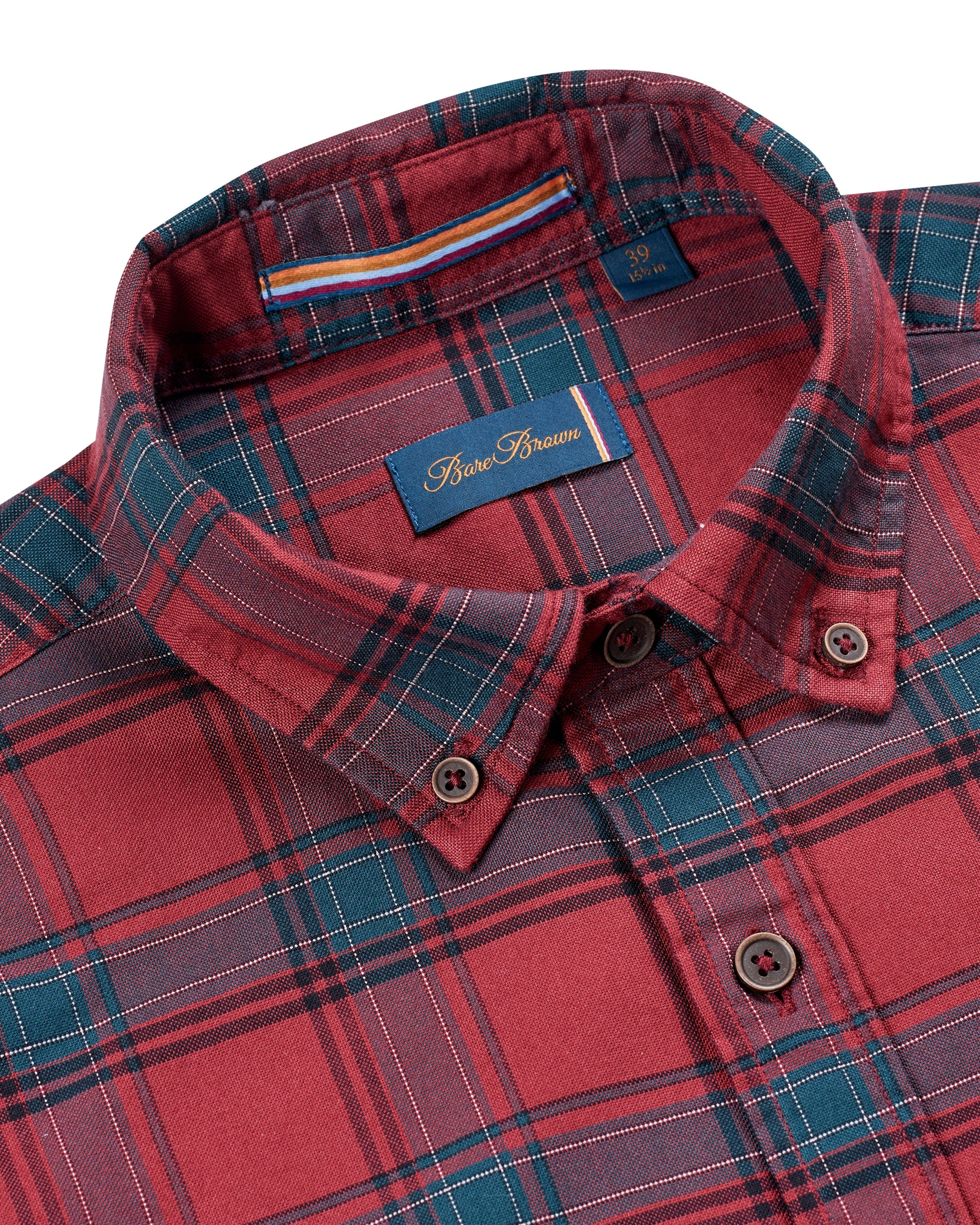 Bare Brown Checkered Cotton Spandex Shirt, Slim Fit with Full Sleeves - Red