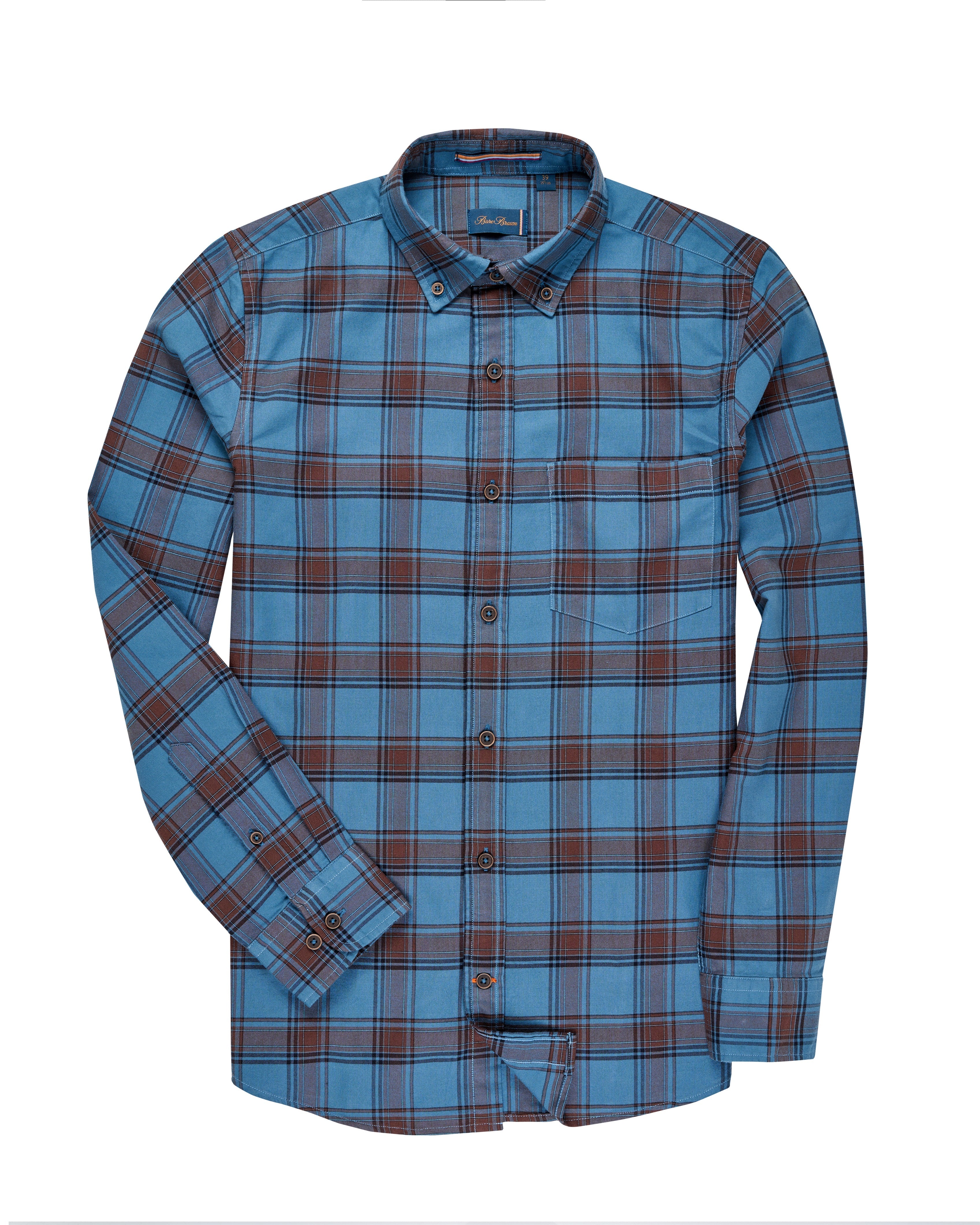 Bare Brown Checkered Cotton Spandex Shirt, Slim Fit with Full Sleeves - Blue