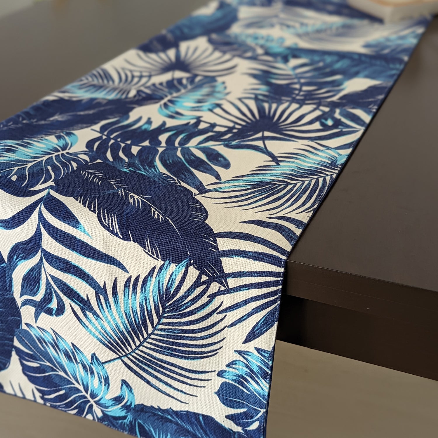 Avocado Linens Cotton Dining Table Runner - Tropical Blue Leaves