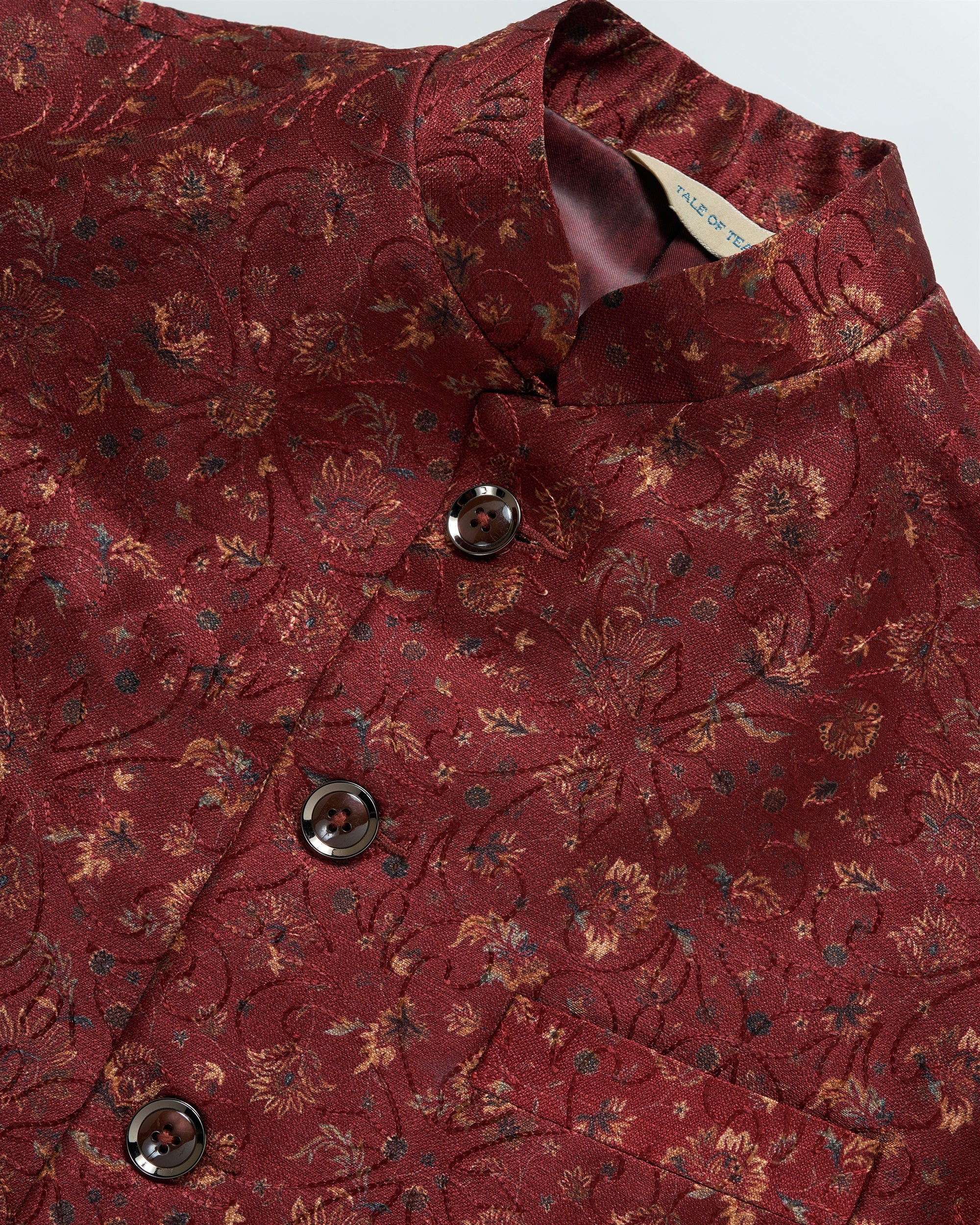 Tale of Teal Allover Patterned Thread Embroidered Bundi Ethnic Waistcoat - Maroon