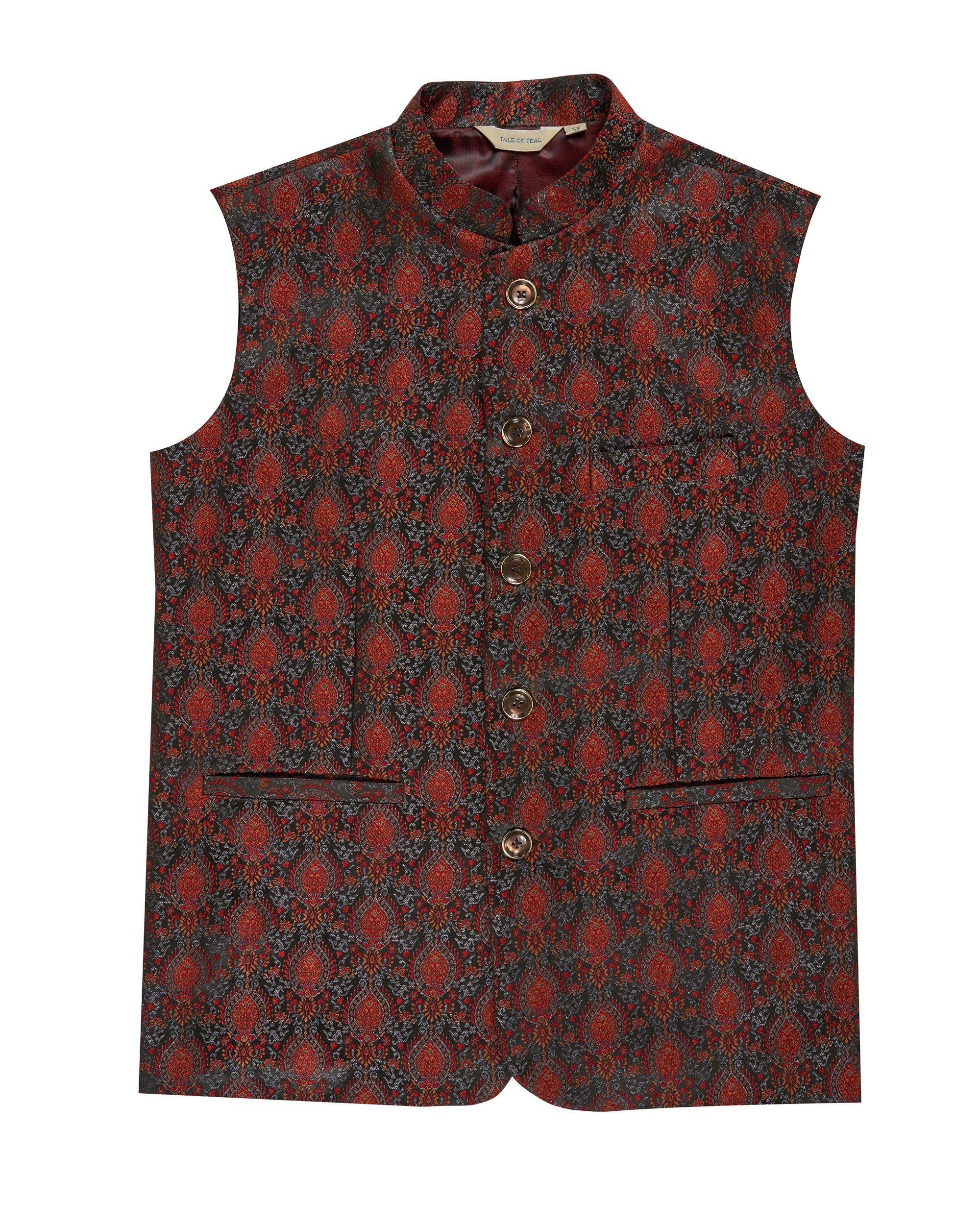 Tale of Teal Textured Patterned Jacquard Bundi Ethnic Waistcoat - Red & Black