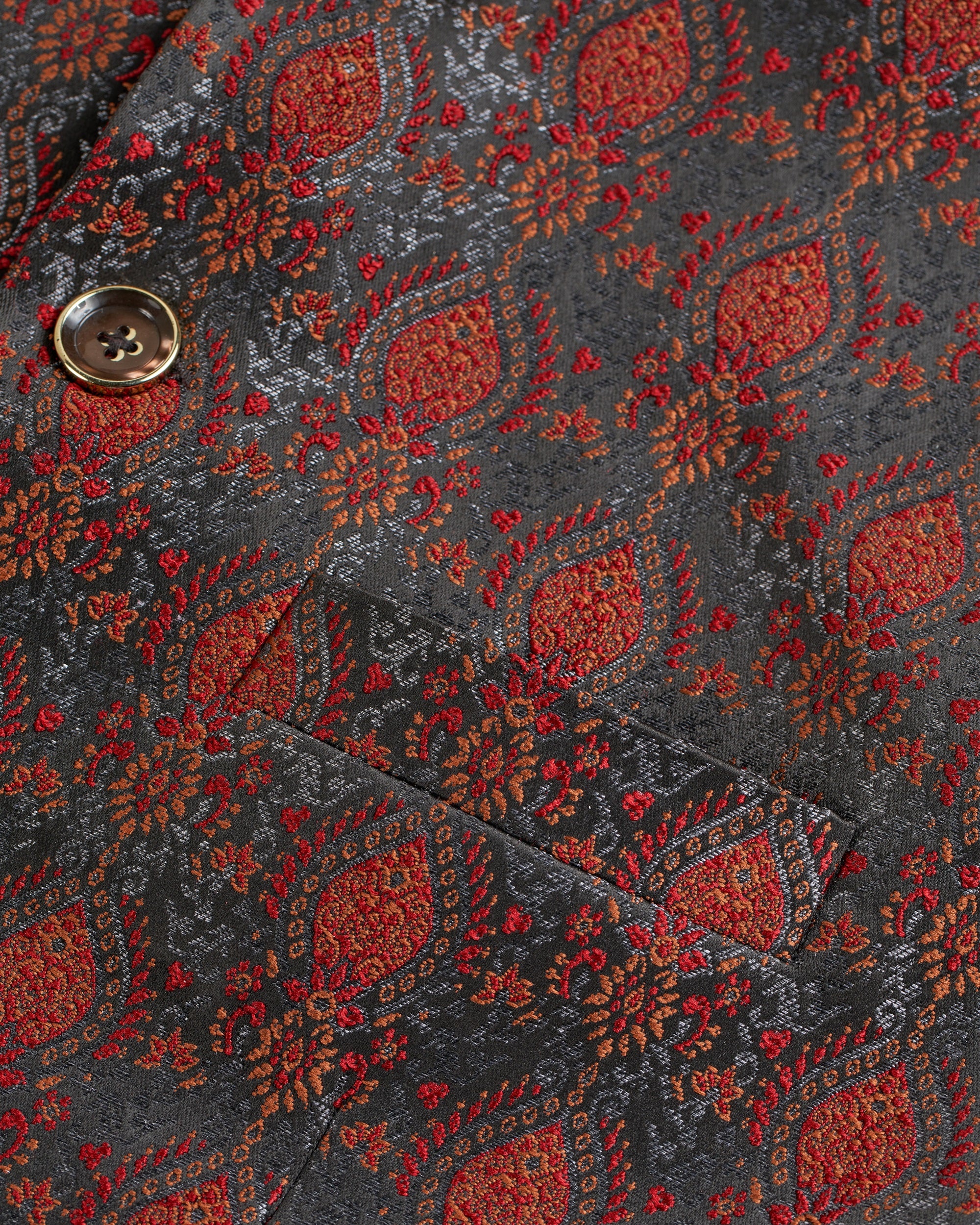 Tale of Teal Textured Patterned Jacquard Bundi Ethnic Waistcoat - Red & Black