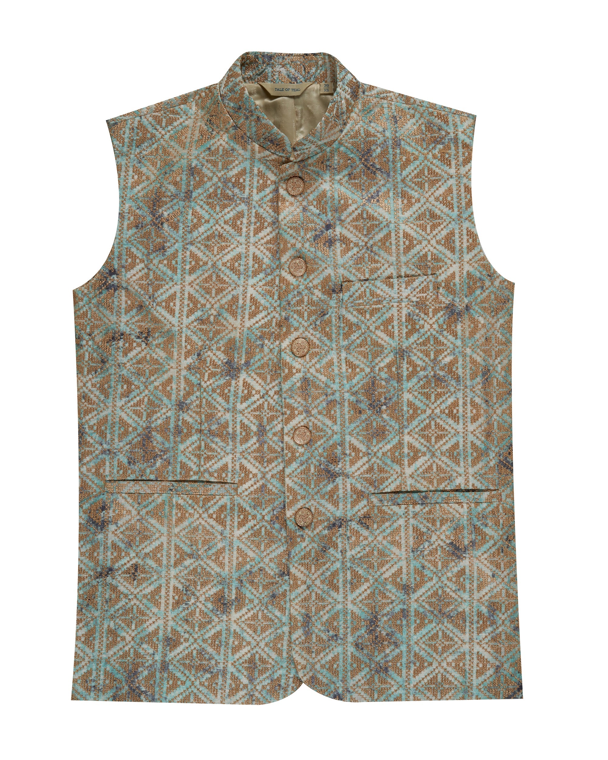 Tale of Teal Allover Patterned Thread Embroidered Bundi Ethnic Waistcoat - Light Blue