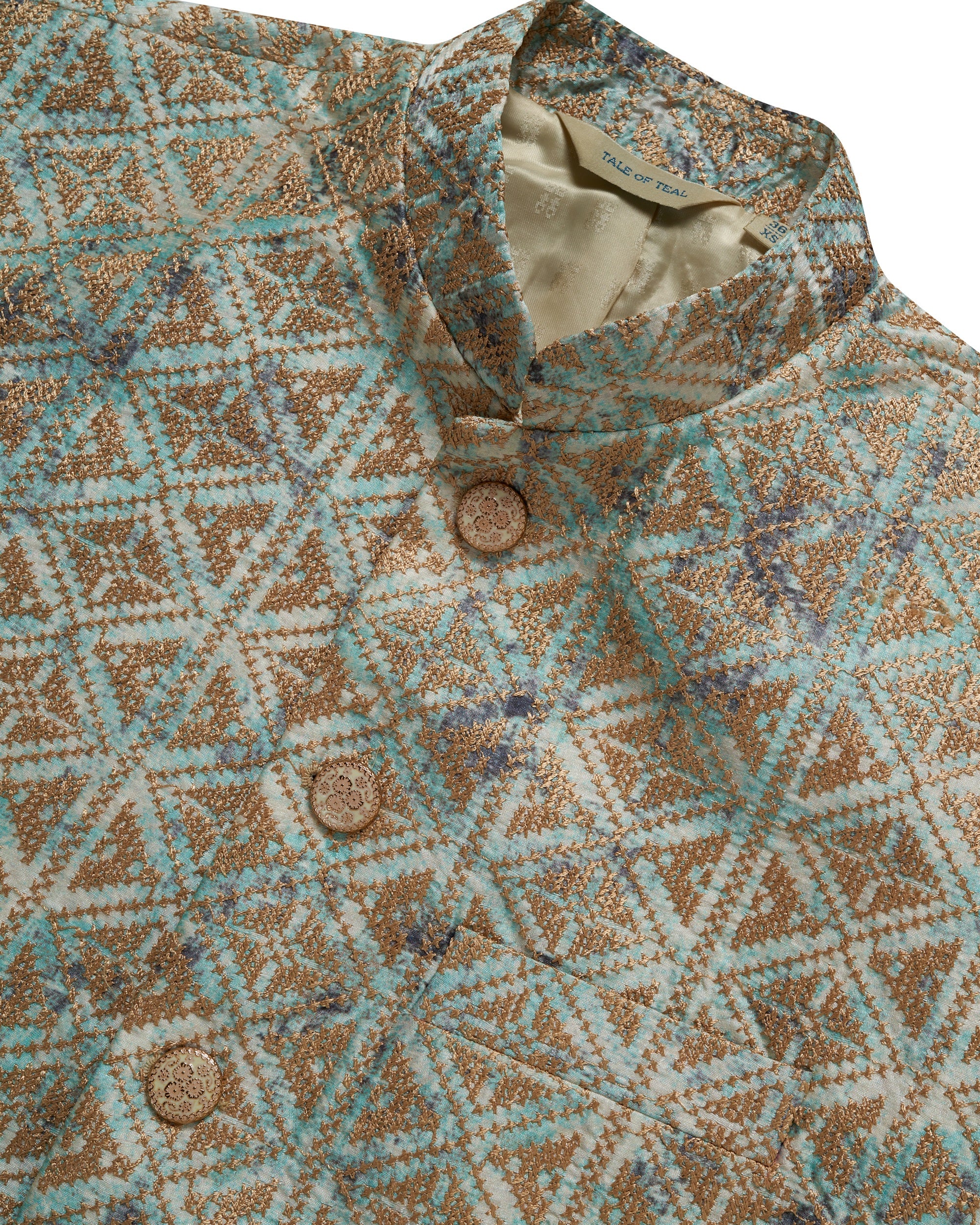 Tale of Teal Allover Patterned Thread Embroidered Bundi Ethnic Waistcoat - Light Blue