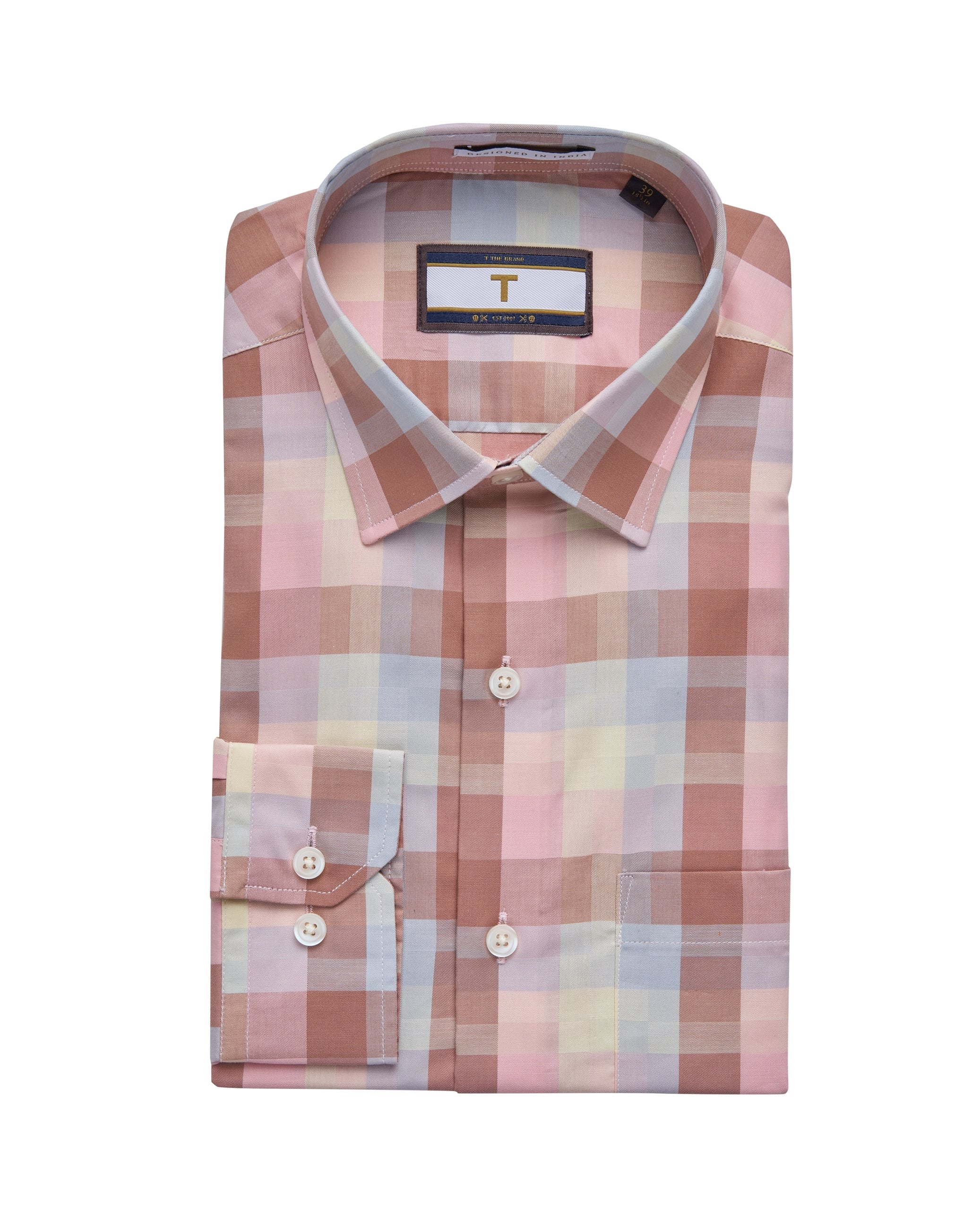 T the brand Checkered Slim Fit Full Sleeved Cotton Shirt - Pink