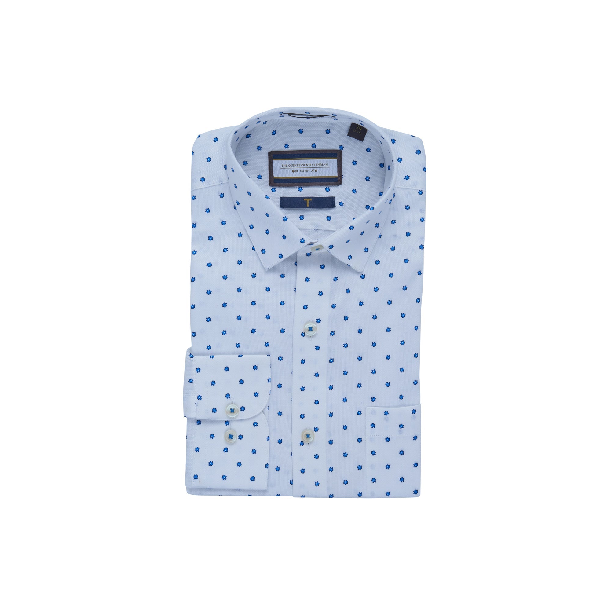 T the brand Blue Floral Ditsy Print Cotton Slim fit Shirt with Full-Sleeves - White